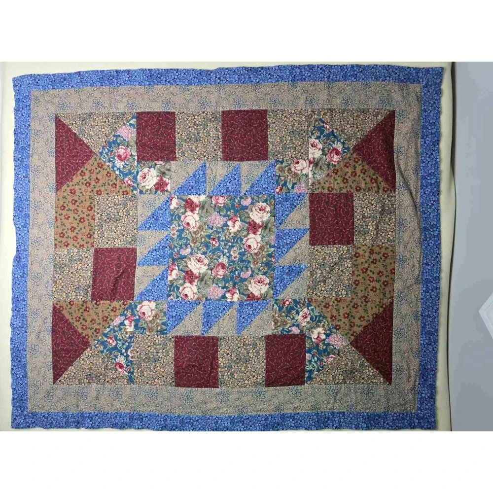 Vintage Handmade Patchwork Floral Quilt Blue Burgundy Cottagecore Throw 46x38